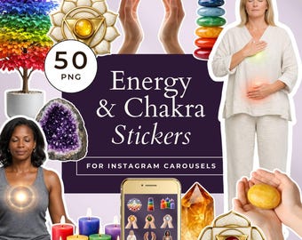 Adesivi carosello di Instagram per la guarigione energetica, elementi Canva Reiki e Chakra, grafica olistica spirituale per social media con contorno bianco