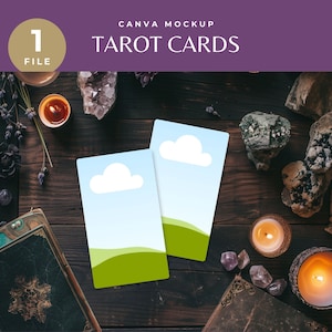 Modello di carta dei tarocchi mistico, modello magico di Canva per la lettura dei tarocchi, mazzo di tarocchi drag & drop stregonesco, cristalli flatlay per attività spirituali