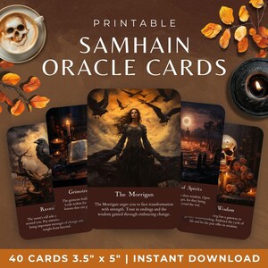Deck Oracle de Samhain, cartes imprimables spirituelles païennes d'Halloween, cartes Oracle roue de l'année wicca, outil de divination du sabbat d'automne