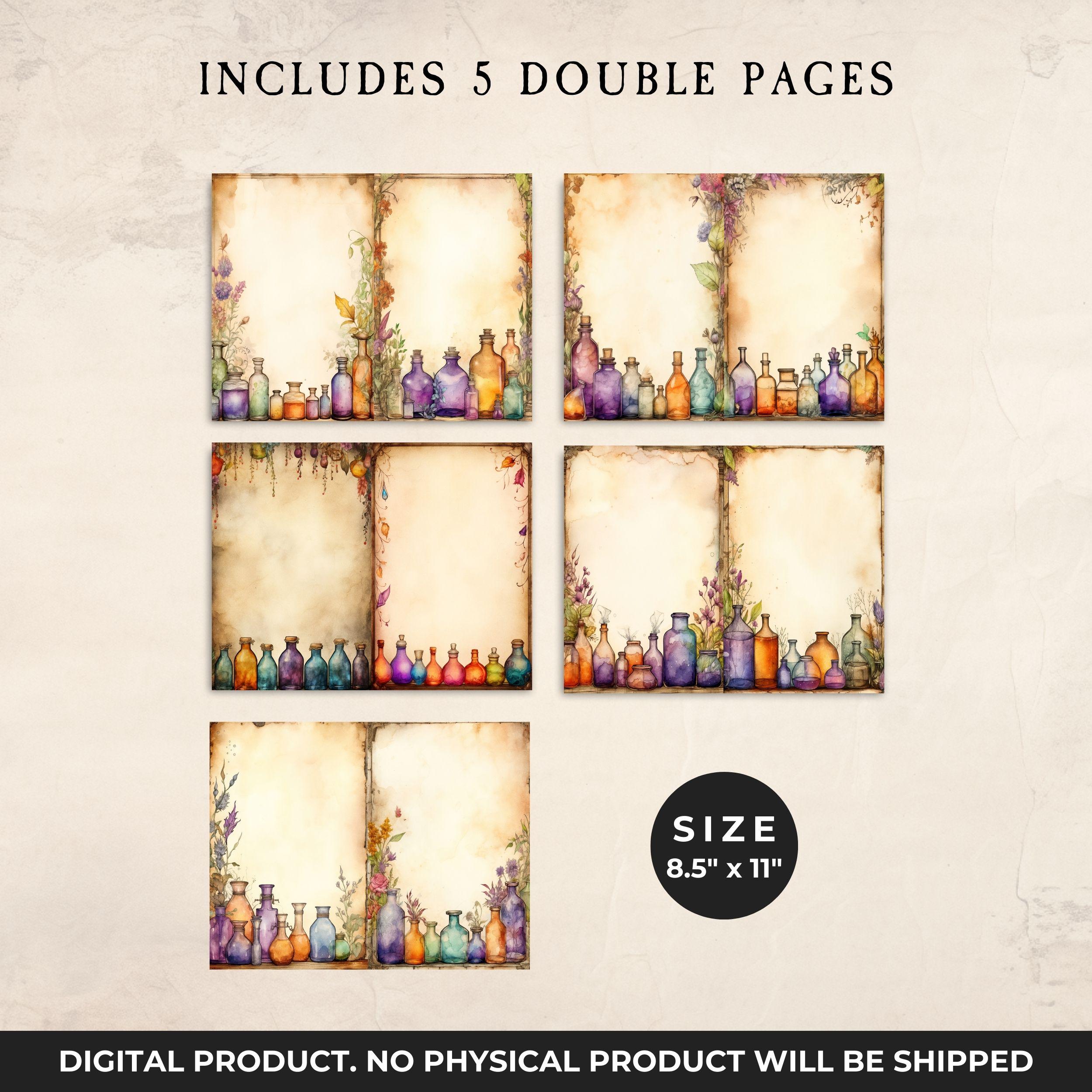 Potions Bottles Junk Journal, Magic Elixir Border Grimoire Pages ...