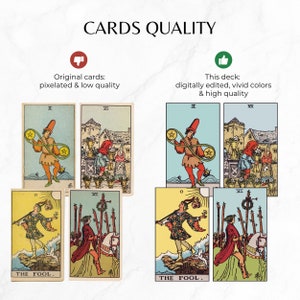 May include: Comparison of two tarot card decks. The top row shows the original cards, which are pixelated and low quality. The bottom row shows the digitally edited cards, which have vivid colors and high quality.