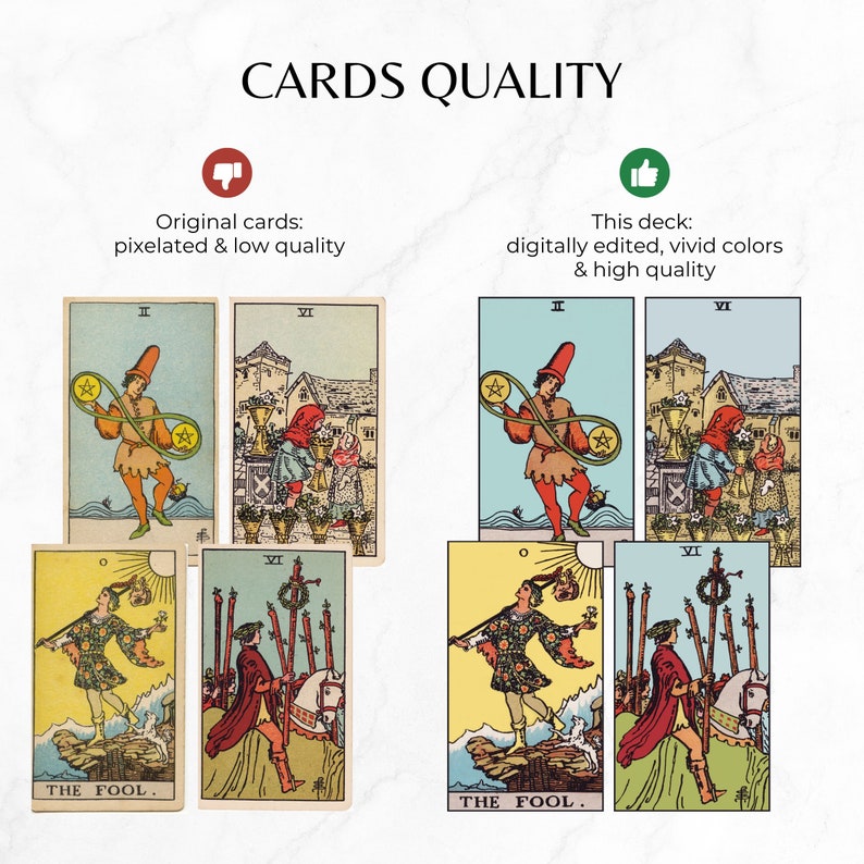 May include: Comparison of two tarot card decks. The top row shows the original cards, which are pixelated and low quality. The bottom row shows the digitally edited cards, which have vivid colors and high quality.