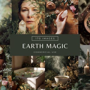 May include: A collection of images with an Earth Magic theme. The images feature a woman with a crystal, a hand holding a crystal, a bowl of herbs, a person with a crystal, a bathtub with flowers, a cup of tea, candles, and the text "EARTH MAGIC".