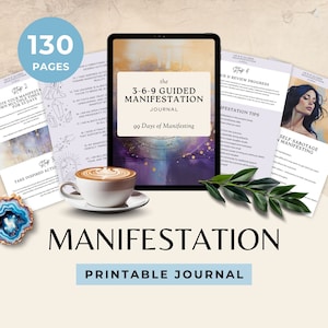 May include: A printable guided manifestation journal with a purple and gold watercolor background. The journal cover features the text "the 3-6-9 Guided Manifestation Journal" and "99 Days of Manifesting".