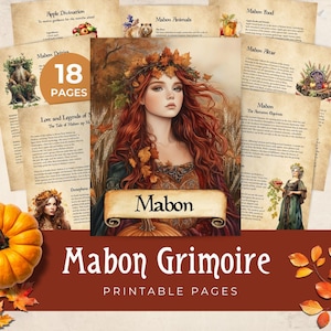 May include: A set of printable pages titled "Mabon Grimoire." The pages contain illustrations and text about Mabon, including "Apple Divination," "Mabon Animals," and "Mabon Food." The central image is a woman with red hair and a leaf crown.