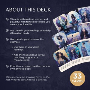 May include: A set of 33 cards featuring illustrations of women in ethereal settings with celestial elements. The text reads ABOUT THIS DECK, detailing uses for readings, affirmations, and business, plus a 33 CARDS badge on a dark background.
