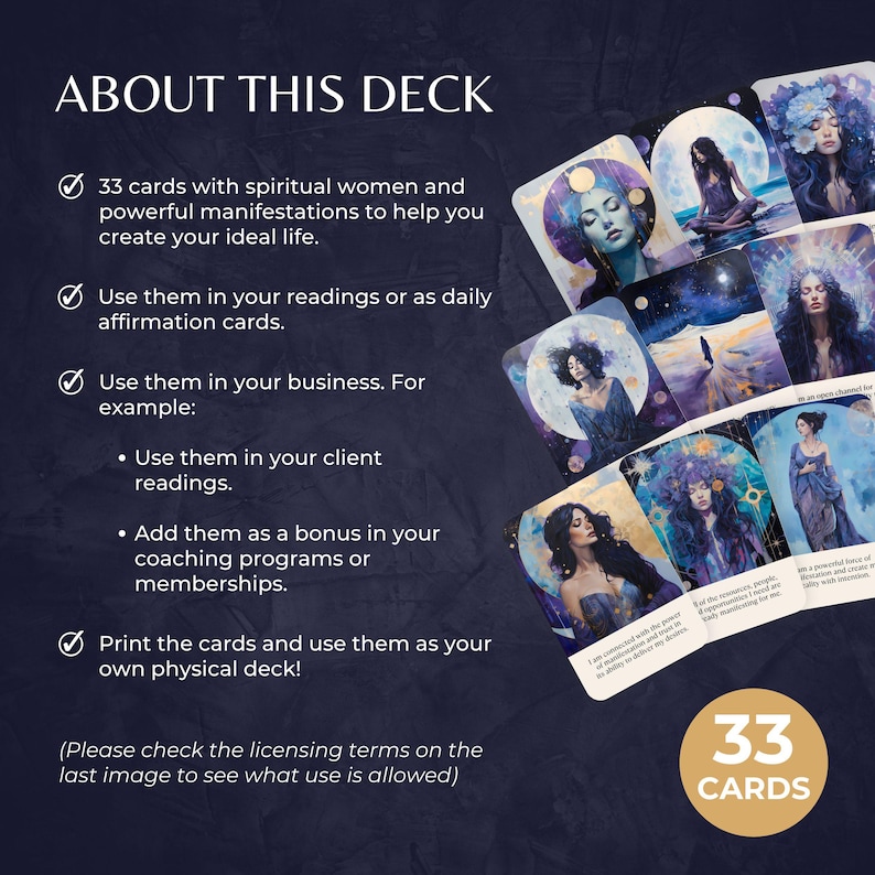 May include: A set of 33 cards featuring illustrations of women in ethereal settings with celestial elements. The text reads ABOUT THIS DECK, detailing uses for readings, affirmations, and business, plus a 33 CARDS badge on a dark background.