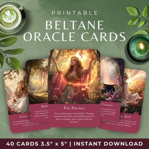 Jeu de cartes Oracle de Beltane, cartes païennes imprimables du printemps, cartes Oracle de la roue de l'année wicca, outil divinatoire du sabbat du 1er mai et de la fête du feu