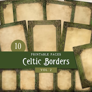 Cadres de journal indésirable noeuds celtiques, motifs irlandais médiévaux verts & bordures décoratives celtes païennes, papier numérique imprimable vierge St Patricks