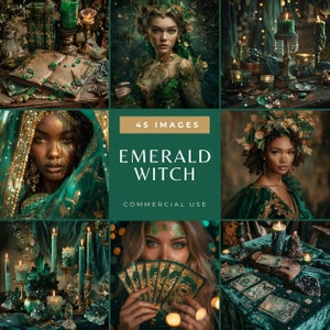Photos de Femme spirituelle, images de lecture de tarot vert et or, Autel de sorcière mystique avec cristaux et bougies, Cartes de journal indésirable mystique