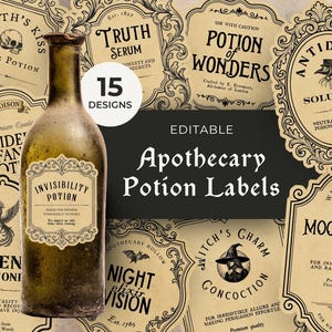 May include: Aged glass bottle with a label reading "Invisibility Potion" surrounded by vintage apothecary potion labels. The labels feature various designs and text, including "Death's Kiss" and "Potion of Wonders."