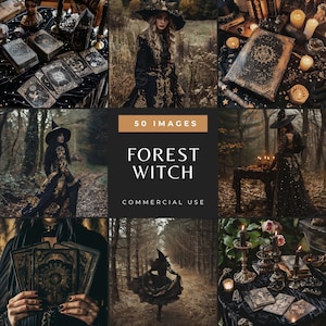 Photos de femme mystique dans la forêt, images de sorcière sombre, autel de sorcière mystique avec cristaux et bougies, photographies spirituelles de cartes de tarot