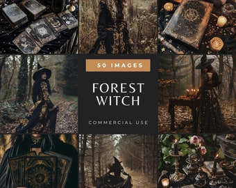 Mystical Woman Forest Stock Photos, Dark Moody Witch Images, Mystic Witchy Altar with Crystals & Candles, Tarot Cards Spiritual Photography
