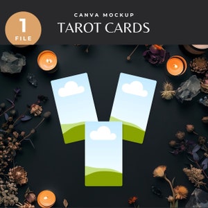 Maqueta de carta de tarot negra, plantilla de Canva de brujería para lectura de tarot, baraja de tarot mágica de arrastrar y soltar, diseño plano oscuro para negocios espirituales