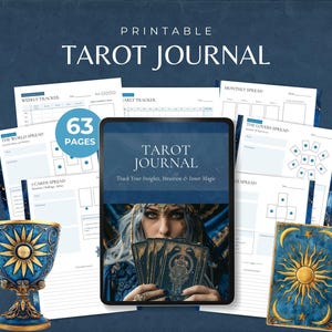 May include: A digital image featuring a tarot journal with the title "Tarot Journal" and the text "Track Your Insights, Intuition & Inner Magic." The image includes a tablet, tarot cards, and journal pages. The journal has 63 pages.