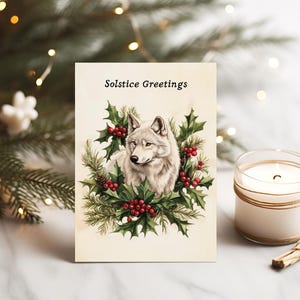 Winterzonnewende kaart poolwolf, afdrukbaar bos dier kerstmis ansichtkaart, heidense kerstvakantie bosprint, kerstmis seizoensgroeten