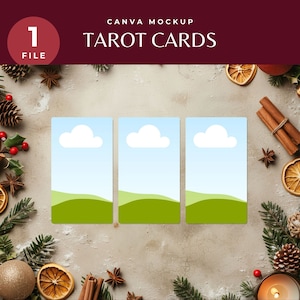 Maqueta de carta de tarot para Navidad, plantilla navideña de Canva para lectura de tarot, baraja de tarot de Yule para arrastrar y soltar, diseño festivo para negocios espirituales