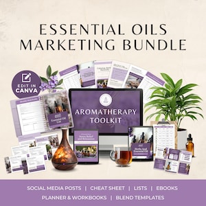 Paquete de marketing de aceites esenciales, plantillas holísticas de Instagram, hoja de referencia y perfil de aromaterapia, planificador de aceites y hierbas imprimible