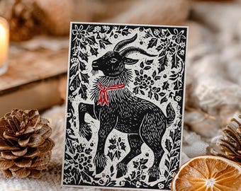 Biglietto di auguri natalizio con capra di Yule, auguri di Natale pagani stampabili, stampa del solstizio d'inverno e del folklore scandinavo, cartoline di Natale alternative