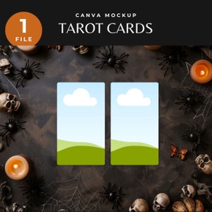 Maqueta de carta de tarot para Halloween, plantilla espeluznante de Canva para tirada de tarot, baraja de tarot con vista superior para arrastrar y soltar, diseño plano de brujas para negocios espirituales