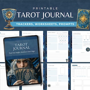 May include: A digital printable tarot journal with trackers, worksheets, and prompts. The cover features a woman holding tarot cards. The journal includes weekly and yearly trackers, and card draw layouts. The design incorporates celestial and mystical elements.