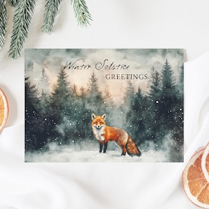 Carte imprimable du solstice d'hiver, renard dans une forêt, carte postale de Noël, impression païenne de vacances de Noël dans les bois, voeux de Noël festifs