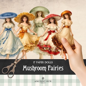 Mushroom Fairies Paper Dolls, Printable Fantasy Forest Fussy Cuts, Cottagecore Toadstool Pixie Ephemera, Cute Woodland Characters Cutouts
