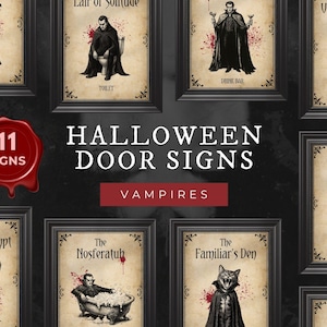 May include: A collection of 11 Halloween door signs featuring vampire-themed illustrations in black frames. Each sign displays a unique room name like The Nosferatub, The Familiar's Den, and The Hidden Crypt, accompanied by gothic artwork and red blood splatters.