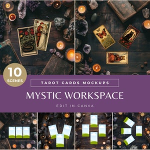 Maqueta de cartas de tarot Plantillas místicas y oscuras de Canva para lectura de tarot, fondo digital brujo y flatlay de brujería para negocios espirituales