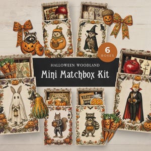 May include: A Halloween Woodland Mini Matchbox Kit containing 6 boxes. Each box features illustrations of woodland animals in costumes, including a hedgehog, owl, rabbit, squirrel, raccoon, and fox, surrounded by pumpkins, leaves, and bows.