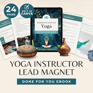May include: A digital tablet displaying an ebook cover with the title "Introduction to Yoga: Empower Your Yoga Journey, A Guide to Mindful Practice and Personal Growth". The ebook cover features a woman in a yoga pose against a green background. The image also includes a yoga mat, a meditation cushion, and an essential oil diffuser.