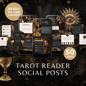Tarot Reader Instagram Posts Porträt, Black & Gold Tarot Legung Canva Vorlage, Social Media Facebook Feed Inhalt für spirituelle Geschäfte