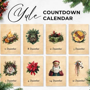 Yule Countdown Calendar, Printable Pagan Winter Solstice Cards, Witchy Christmas Advent Calendar, Celtic Yultide Folklore Illustrations