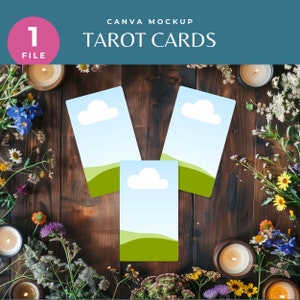 Mockup di carte dei tarocchi floreali, modello Canva di fiori primaverili per la lettura dei tarocchi, mazzo di tarocchi drag & drop, flatlay estivo per attività spirituali