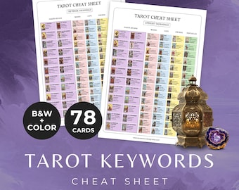 Tarot Keywords Cheat Sheet for Beginners, Printable Tarot Card Guide with Upright & Reverse Meaning, Single Page Reference Tarot Worksheet