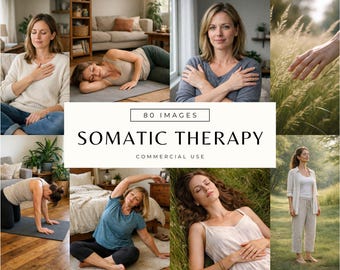 Foto stock di terapia somatica, immagini di regolazione del sistema nervoso, pacchetto di marketing digitale senza volto di coach olistico, set di social media di respirazione