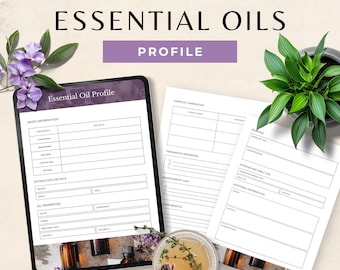 Páginas de perfil de óleos essenciais, ficha informativa de aromaterapia para impressão, caderno de organização de óleos digitais e misturas de ervas, modelo do Canva
