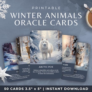 Baraja de cartas del oráculo de los animales espirituales, cartas imprimibles con animales invernales en un bosque nevado, oráculo de la vida salvaje del bosque místico, herramienta de adivinación