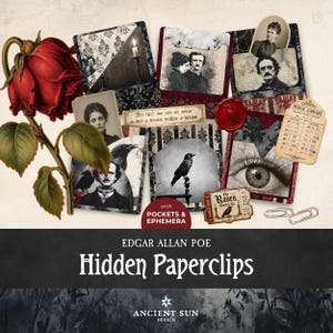 May include: A collection of Edgar Allan Poe themed paper ephemera including pockets, a red rose, a raven, portraits, a library card, a wax seal, and two metal paperclips. Text includes "All that we see or seem is but a dream within a dream" and "The Raven Theatre Co."