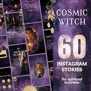 Witchy Instagram Template Story for Spiritual Business. Tarot & Astrology Canva Editable Social Media Pack. Black, Purple and Gold Design