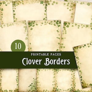 Groene klaver ongewenste dagboekranden, St Patricks Shamrock-pagina's, Ierse folklore blanco afdrukbaar grimoirepapier, digitaal scrapbookingpakket