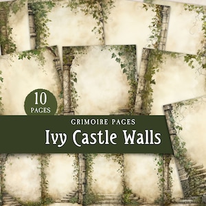 May include: Ten printable pages featuring a vintage style illustration of an ivy covered stone archway. The pages are perfect for creating a grimoire, journal, or scrapbook with a medieval or fantasy theme.  The text on the image reads "Grimoire Pages Ivy Castle Walls".