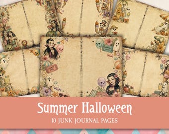 Summer Halloween Junk Journal Pages, Spooky Beach Printable Scrapbooking Sheets, Retro Summerween Digital Papers with Borders (JJ006)