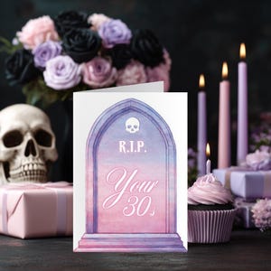 Cartão de aniversário de 40 anos para imprimir, cartão alternativo de quarenta anos para ela, desejos engraçados de aniversário gótico pastel para completar 40 anos, cartão de humor negro dos anos 30