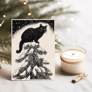 Karta do druku zimowego przesilenia, kartka świąteczna Yule Cat, islandzki pogański folklor zwierzęcy nadruk, alternatywna świąteczna pocztówka