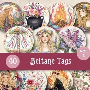 Etiquettes rondes Beltane, décoration printanière imprimable pour autel wicca, étiquettes cadeaux du sabbat païen, journal indésirable Wicca du 1er mai, éphémères du cercle des sorcières