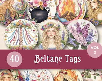Ronde beltane-labels, afdrukbare lentewicca altaardecoratie, heidense Sabbat-cadeaulabels, May Day Wicca Junk Journal, efemere heksenkring