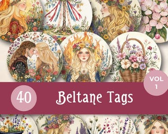 Ronde beltane-labels, afdrukbare lentewicca altaardecoratie, heidense Sabbat-cadeaulabels, May Day Wicca Junk Journal, efemere heksenkring