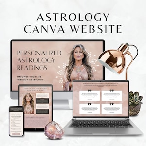 May include: A laptop computer with a pink and white website open on the screen. The website is for personalised astrology readings. The text on the website says "Empower your life through astrology". There are also two smaller screens showing more information about the website. The laptop is sitting on a desk with a lamp and a succulent plant.