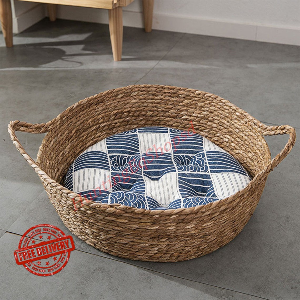 Hand Woven Rattan Soft Bed Round Cat Bed Basket Nest Etsy UK